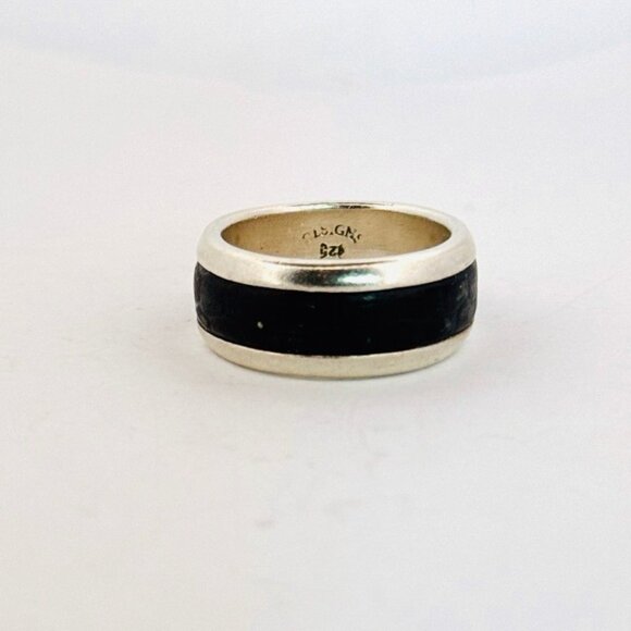 Designer Jewelry - Vintage Neta 925 Sterling Silver & Black Onyx Inlay Band Ring Size 10, 11.3g